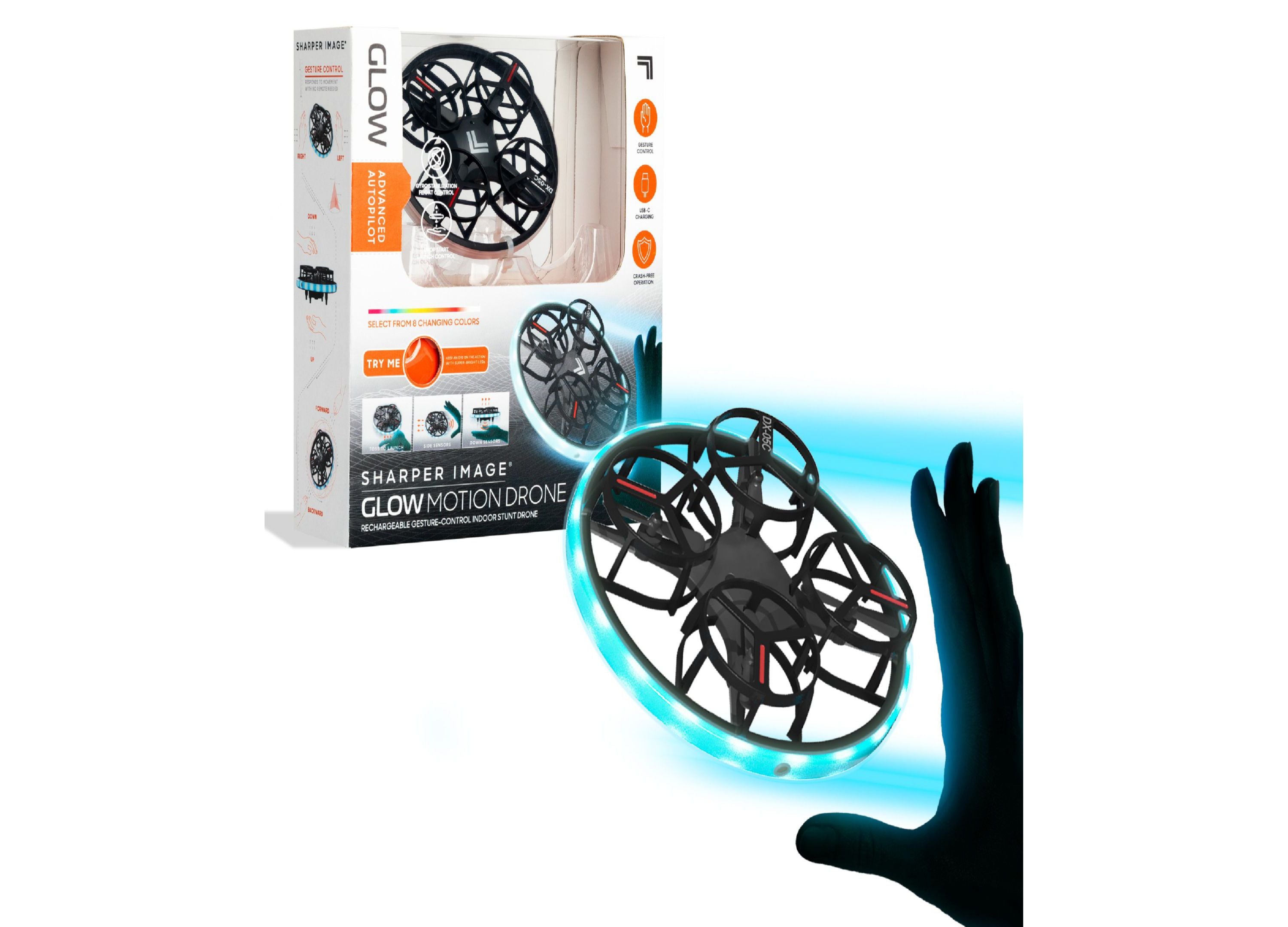 Sharper Image Glow Motion Rechargeable Gesture-Control Indoor Stunt Drone - Black