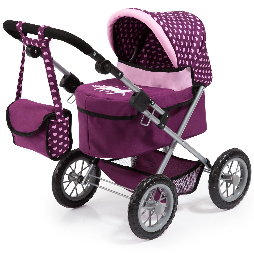 Bayer Design Trendy Dolls Pram with Matching Bag - Burgundy, Pink, Hearts
