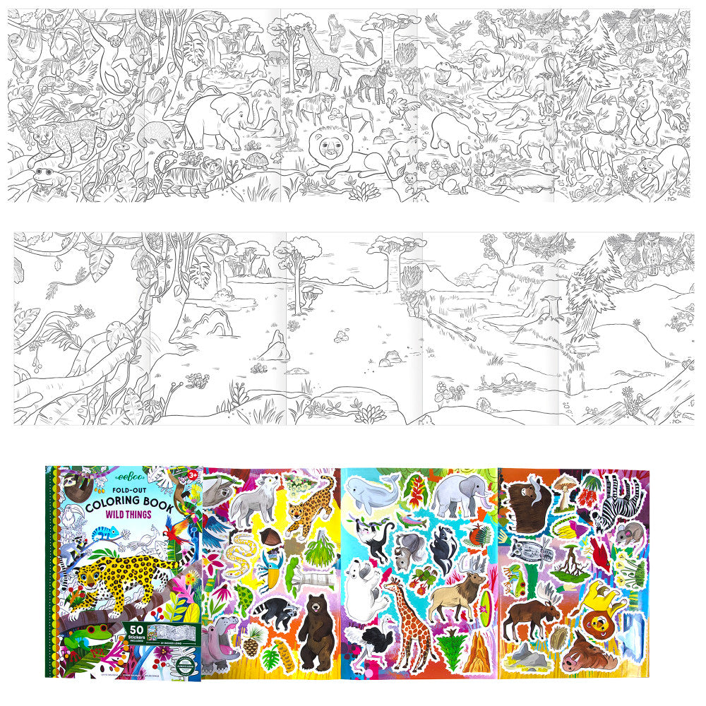 eeBoo Wild Things Fold-Out Coloring Mural Book with 50 Shiny Stickers - Image 3