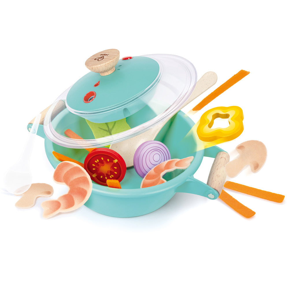 Hape Little Chef Teal Wooden Kitchen Playset - 9pc Cooking & Steam Set - Image 3