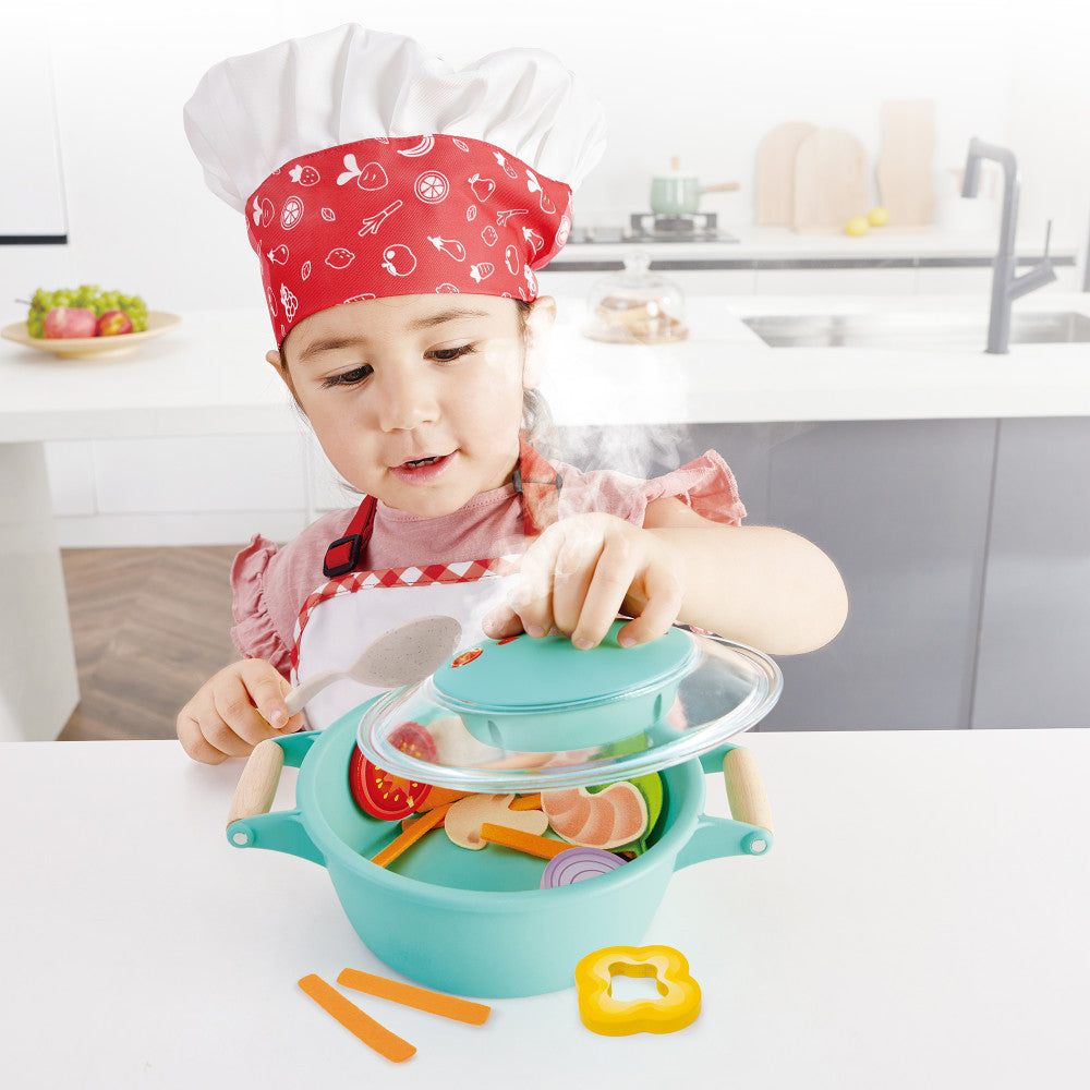 Hape Little Chef Teal Wooden Kitchen Playset - 9pc Cooking & Steam Set - Image 6