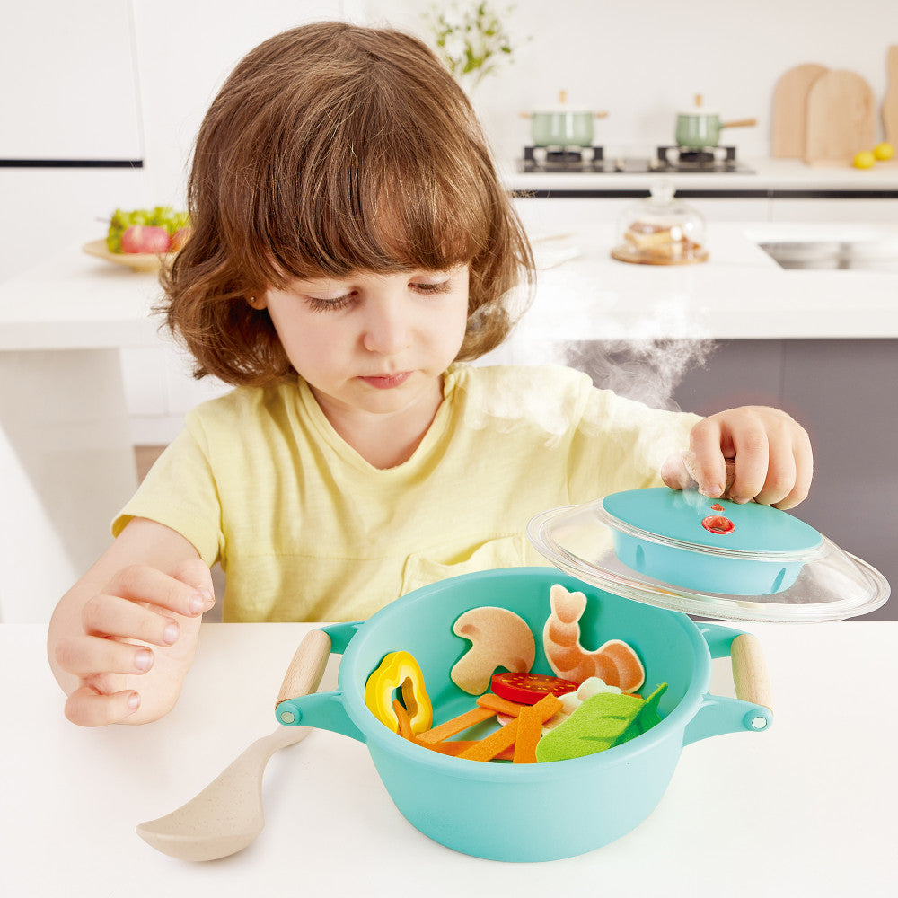 Hape Little Chef Teal Wooden Kitchen Playset - 9pc Cooking & Steam Set - Image 8