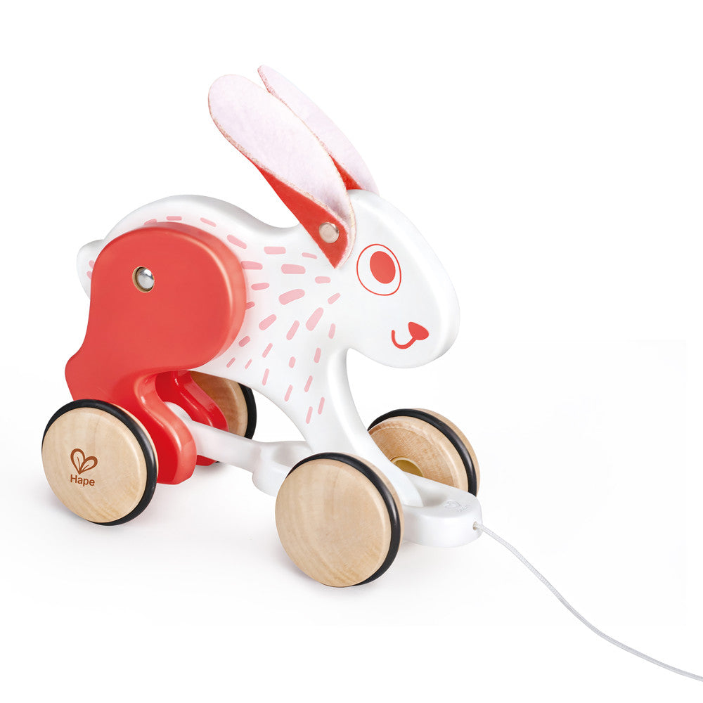 Hape Pull Along Bunny - White & Red Wooden Toy
