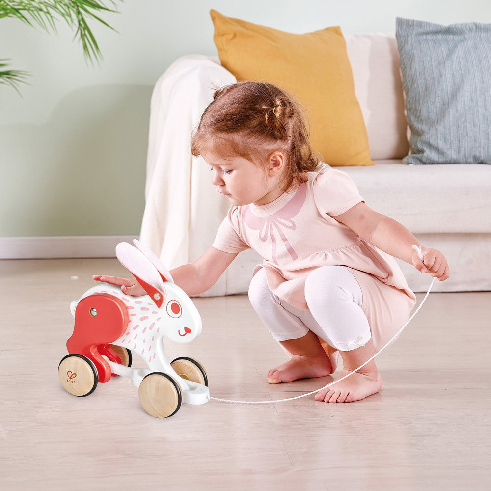 Hape Pull Along Bunny - White & Red Wooden Toy - Image 3