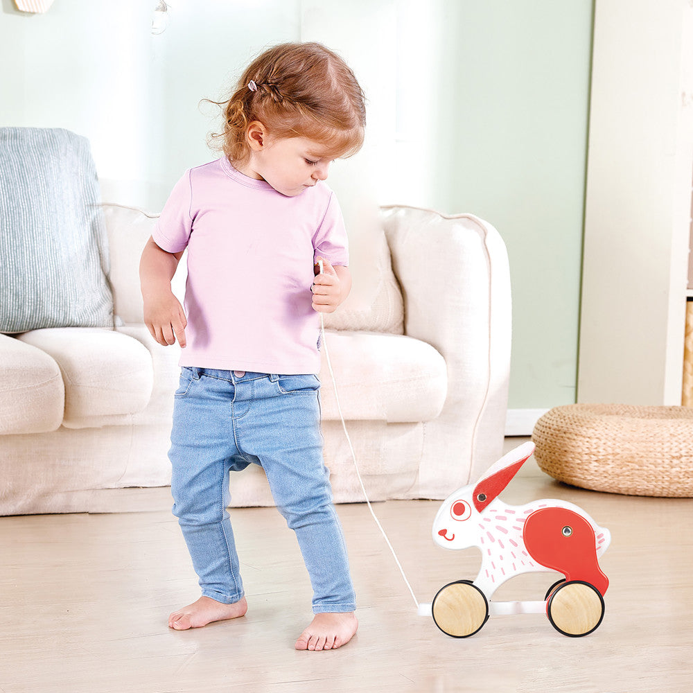 Hape Pull Along Bunny - White & Red Wooden Toy - Image 4