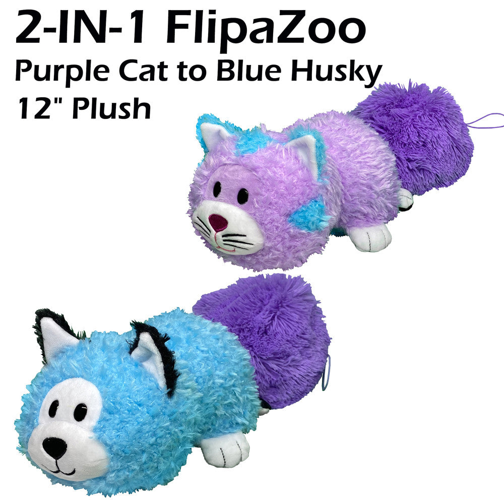 FlipaZoo Magic Tails 2-in-1 Plush - Transforming Purple Cat to Blue Husky