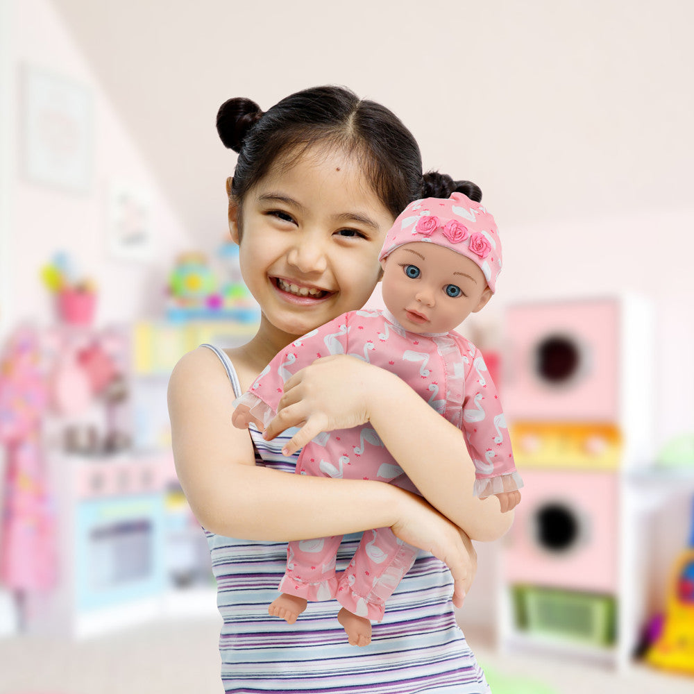 Little Darlings 14-inch Kiss N Tickles Baby Doll - Pink Swan Onesie - Image 4