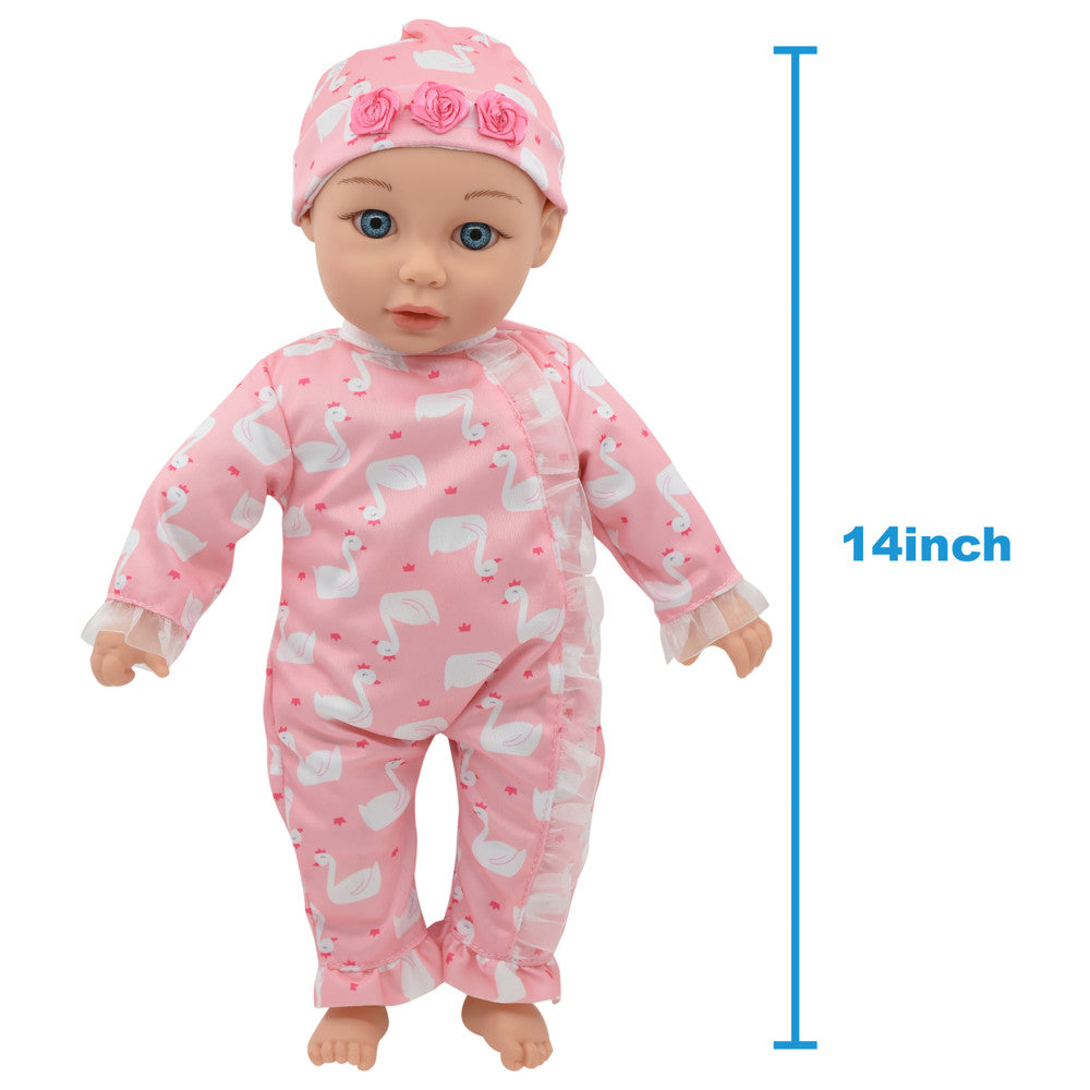 Little Darlings 14-inch Kiss N Tickles Baby Doll - Pink Swan Onesie - Image 5
