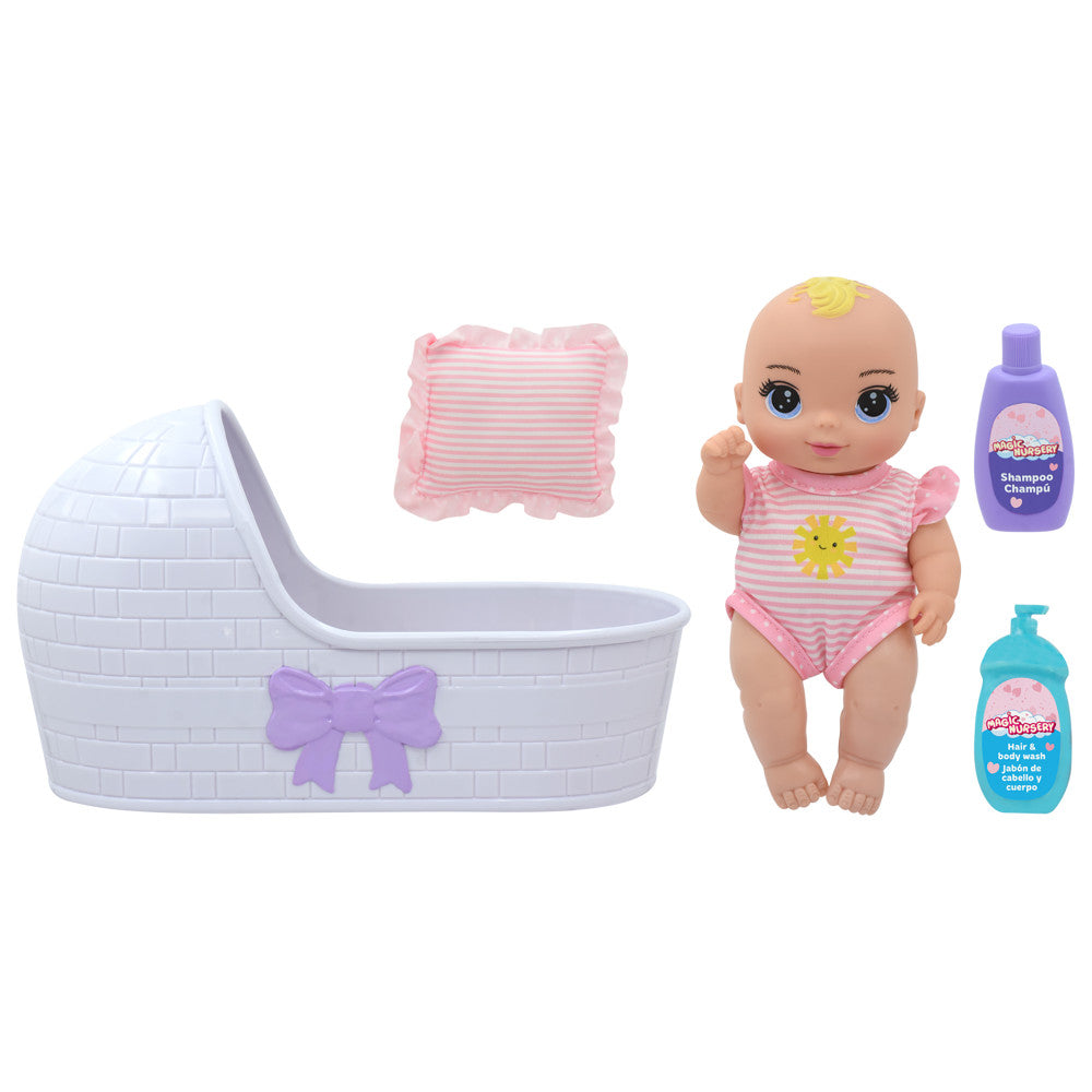 Magic Nursery 8" Baby Doll & Bassinet Gift Set - Pink & White Stripes
