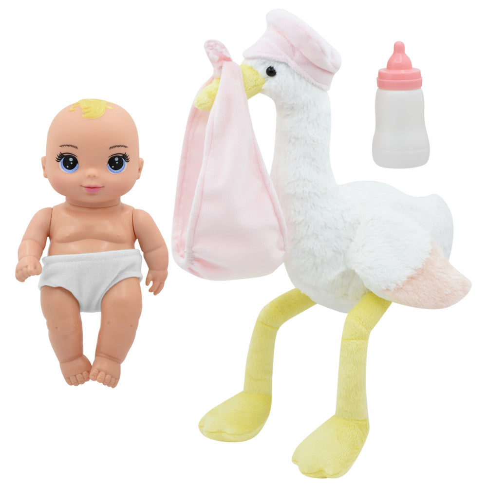 Magic Nursery 8-inch Special Delivery Set - Posable Newborn Baby Doll with Plush Stork, Pink