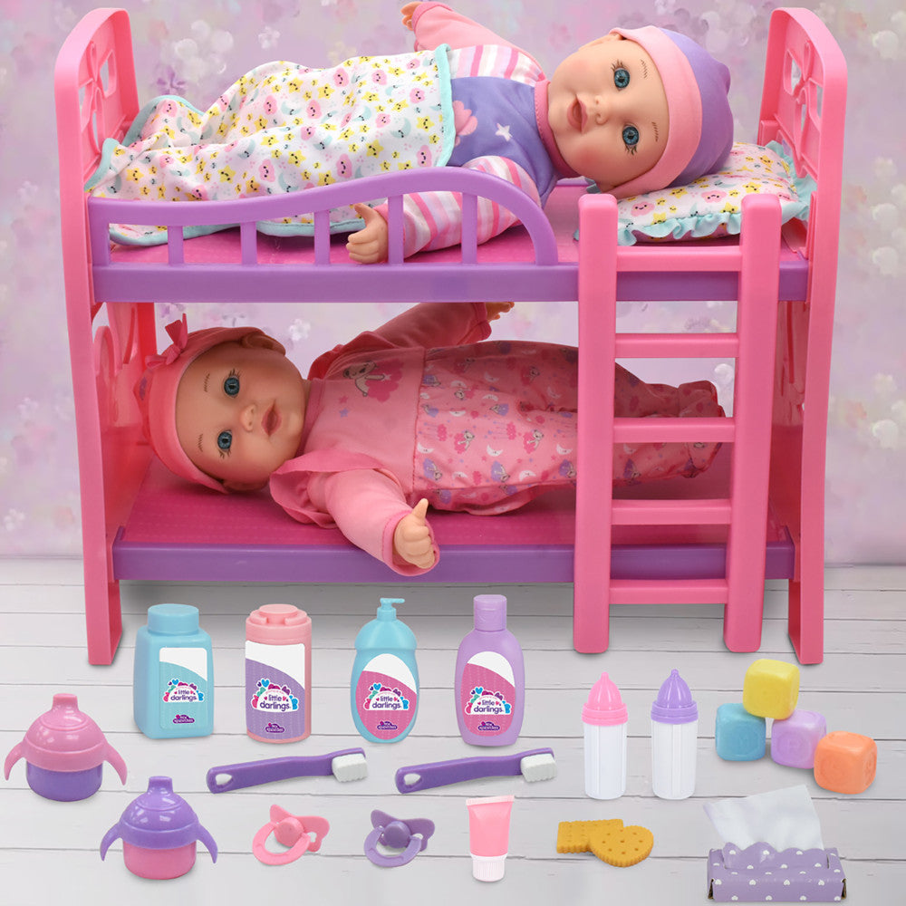 Little Darlings 12" - Twin Dolls Bedtime Fun Set 29pc - Pink, Purple, Green - Playset for Kids Ages 2+ - Image 2