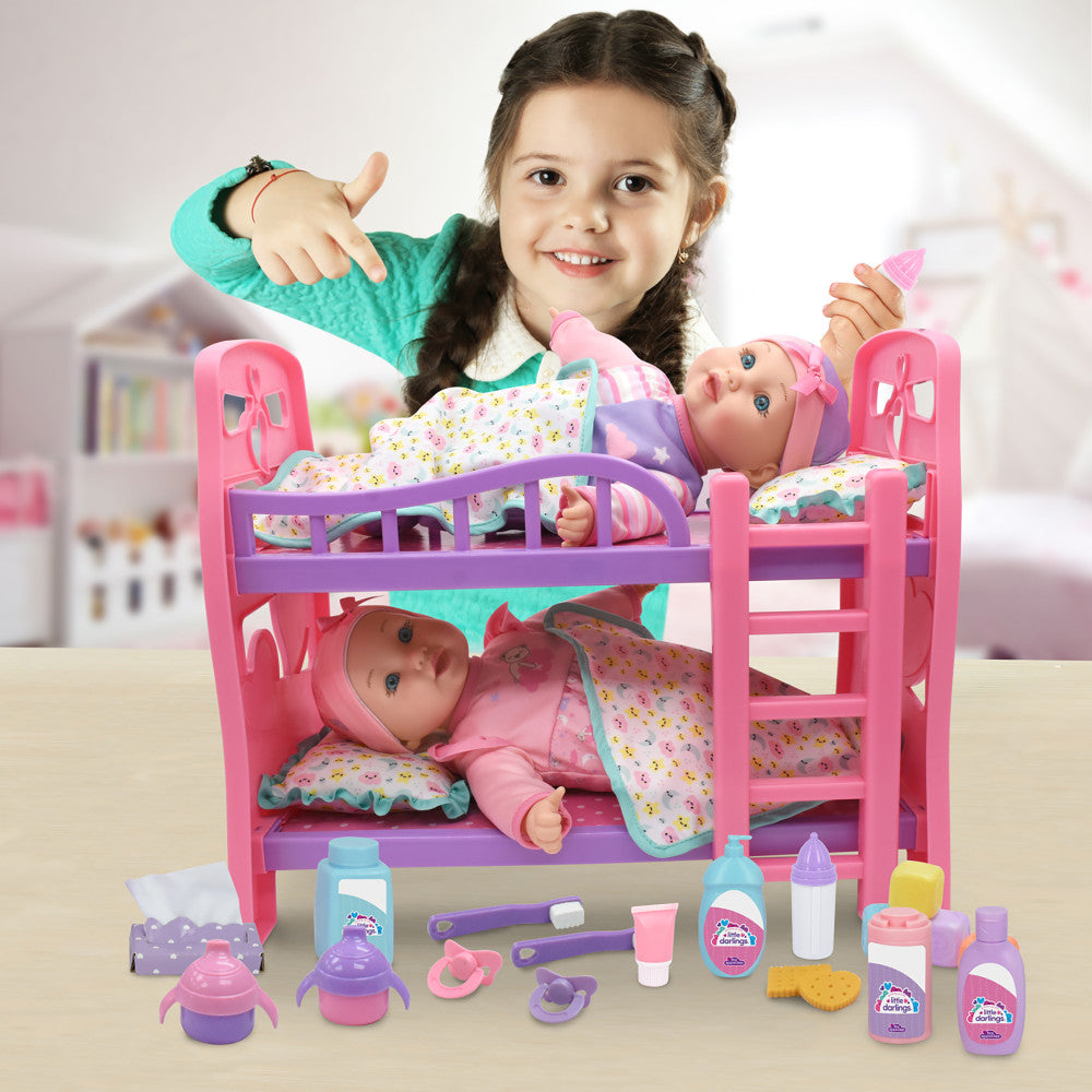 Little Darlings 12" - Twin Dolls Bedtime Fun Set 29pc - Pink, Purple, Green - Playset for Kids Ages 2+ - Image 4