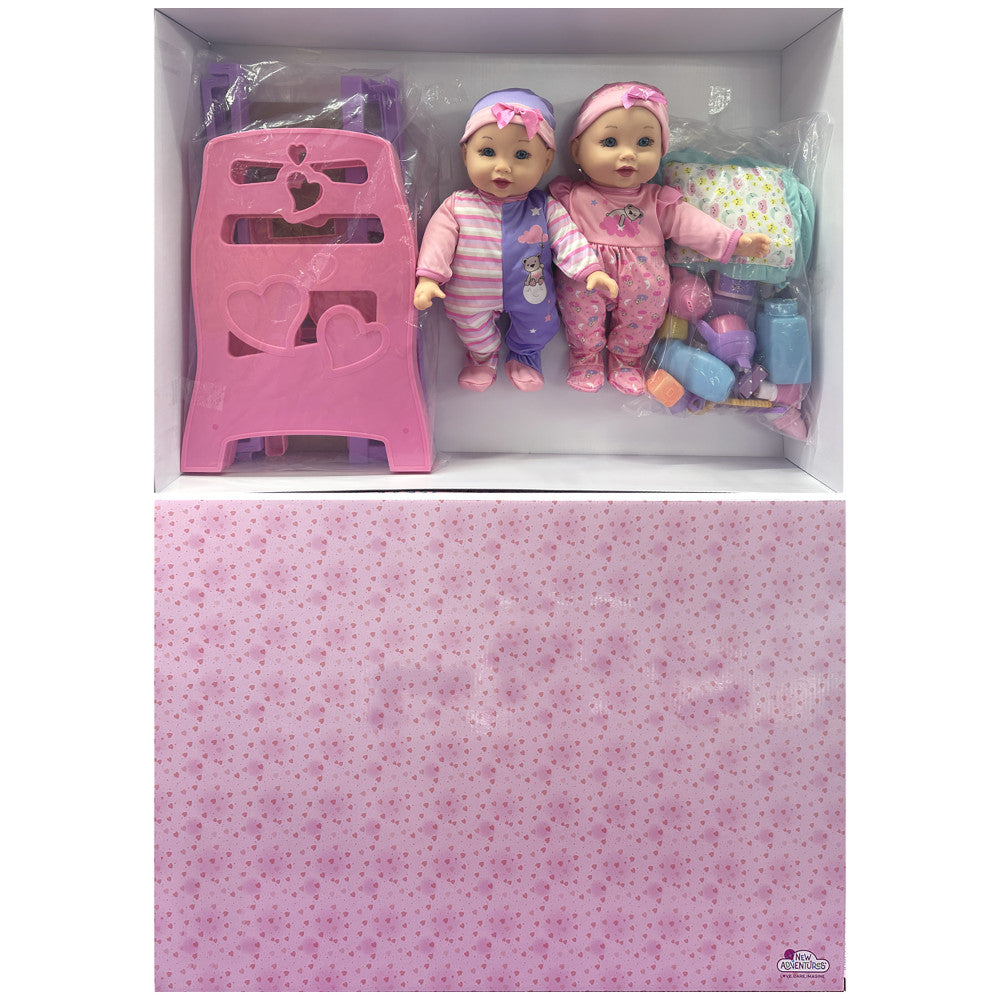 Little Darlings 12" - Twin Dolls Bedtime Fun Set 29pc - Pink, Purple, Green - Playset for Kids Ages 2+ - Image 6