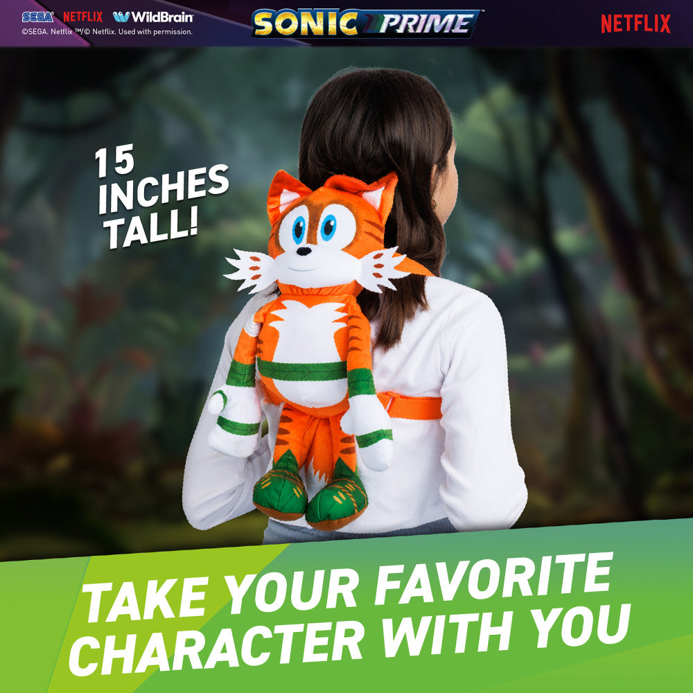 Sonic Prime Mangey Tails 15" Plush Backpack - Adjustable Straps, School Ready