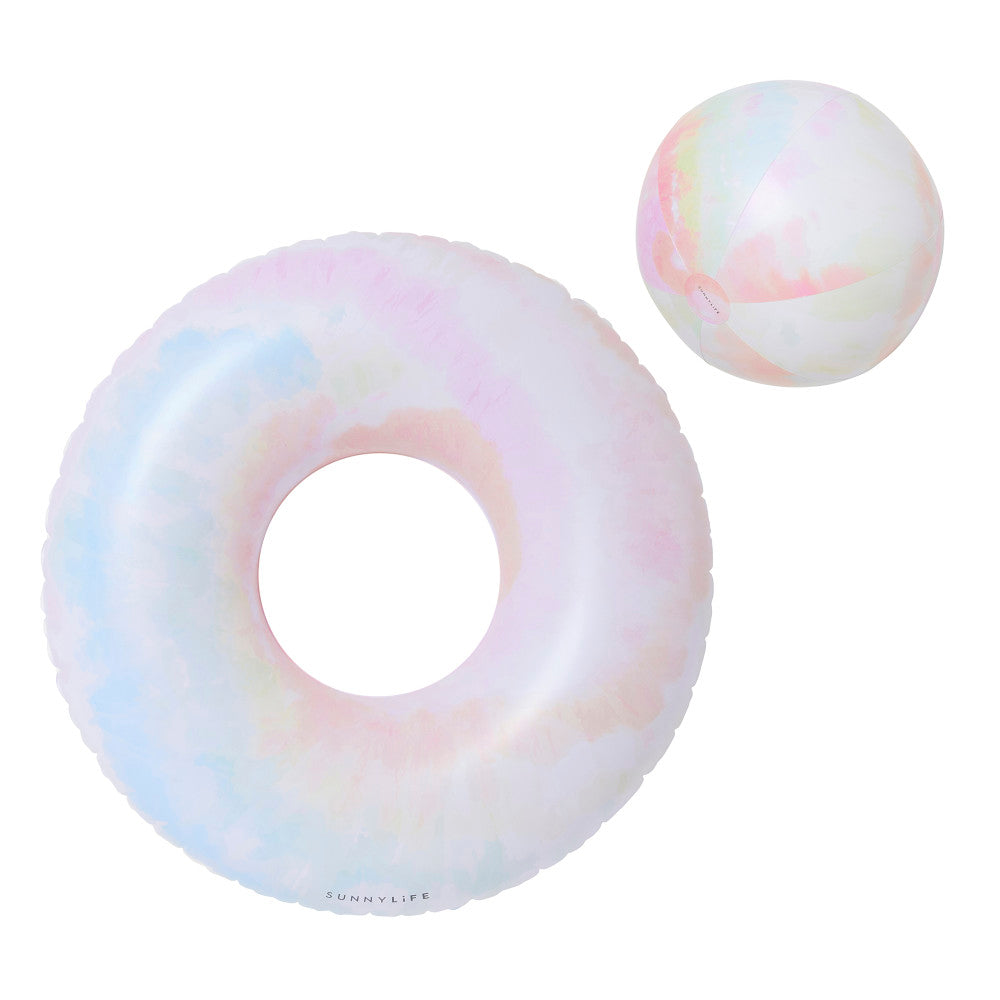 Sunnylife Tie Dye Tube Pool Ring and Beach Ball Set - Inflatable Fun
