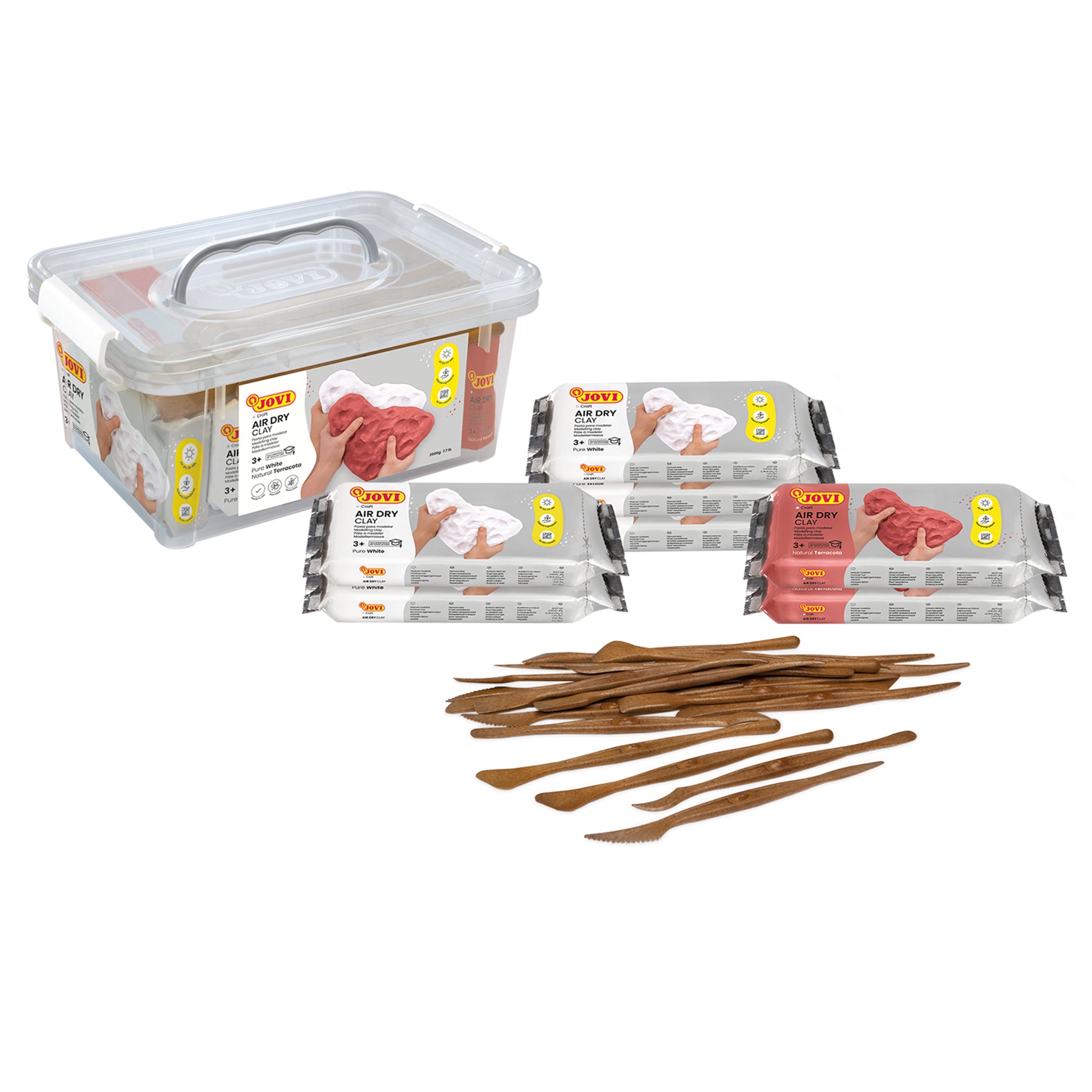 JOVI Air Dry Clay School Pack - 7 Bars, 1.1 Lb Each & 20 Spatulas, Assorted Colors