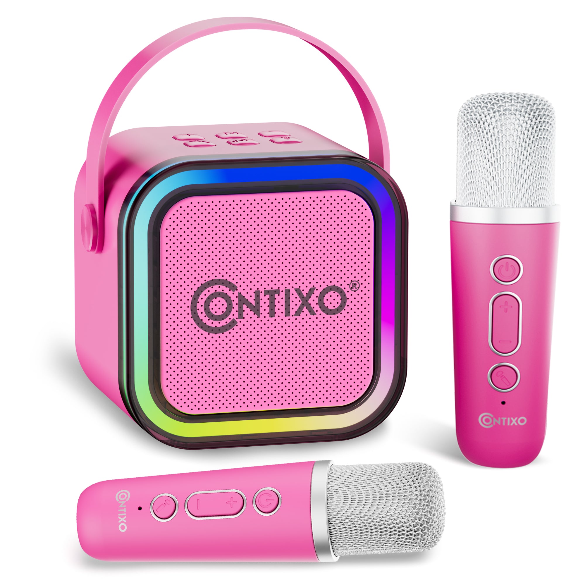 Contixo Mini Karaoke Machine, Party-Ready Portable Bluetooth Speaker + 2 Wireless Mics - Pink