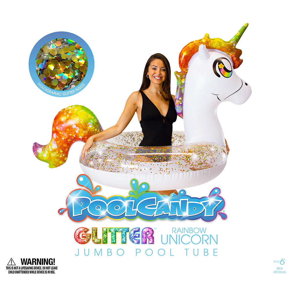 PoolCandy Jumbo 48" Glitter Unicorn Pool Tube with Color-Changing Glitter - Image 2