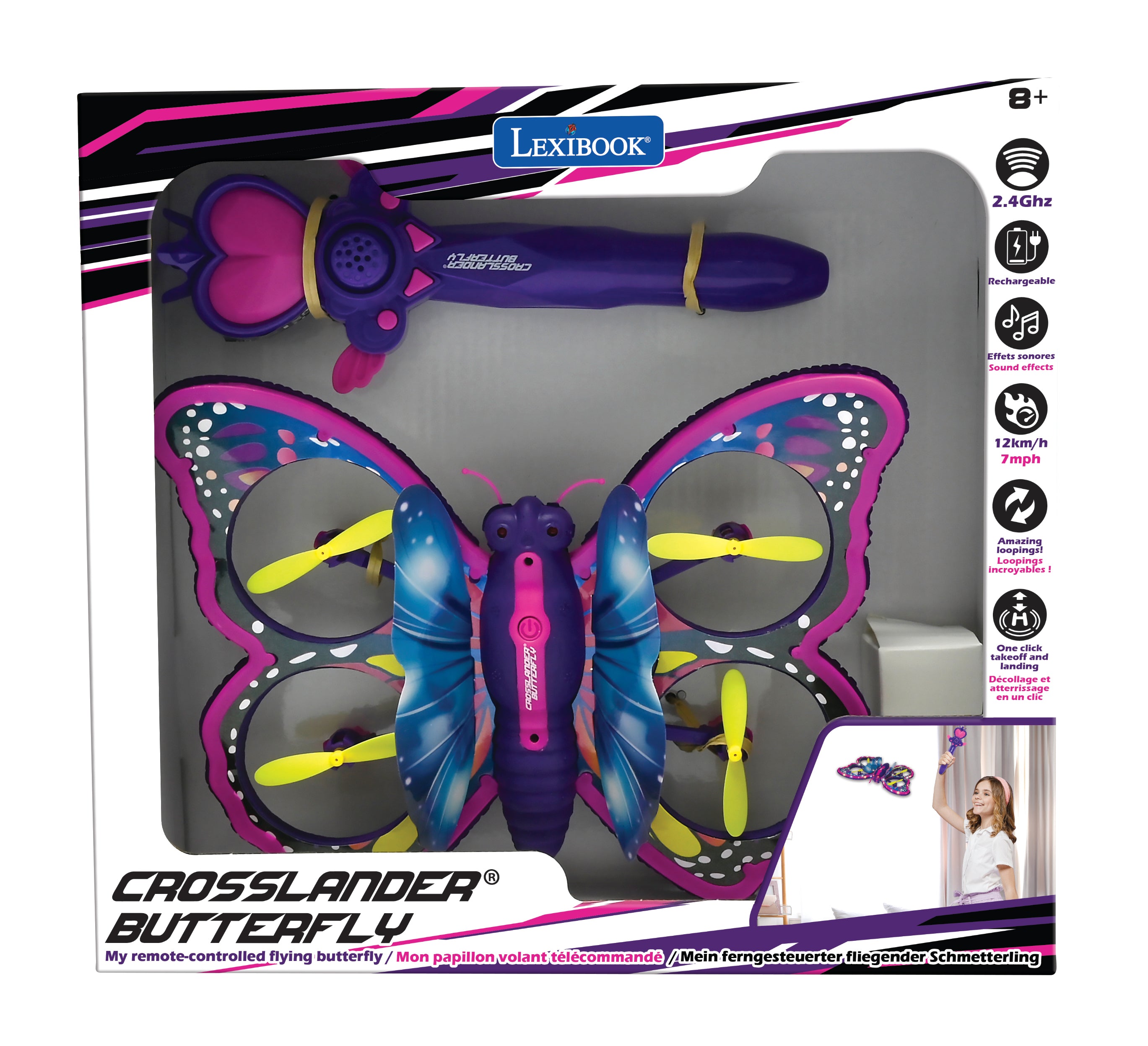 LEXIBOOK CROSSLANDER BUTTERFLY, a remote-controlled flying butterfly with gesture-controlled remote for a playful flying experience, featuring illuminated wings. - Image 4