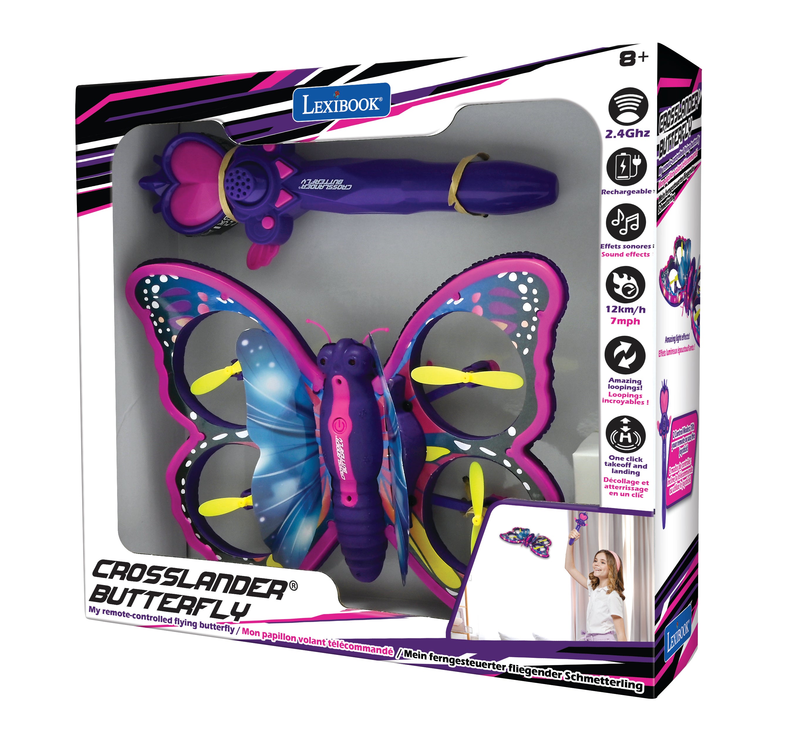 LEXIBOOK CROSSLANDER BUTTERFLY, a remote-controlled flying butterfly with gesture-controlled remote for a playful flying experience, featuring illuminated wings. - Image 7