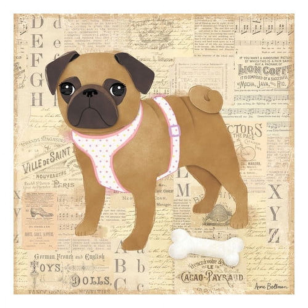 Anne Bollman's Playful Pug Girl Canvas with Polka Dot Harness