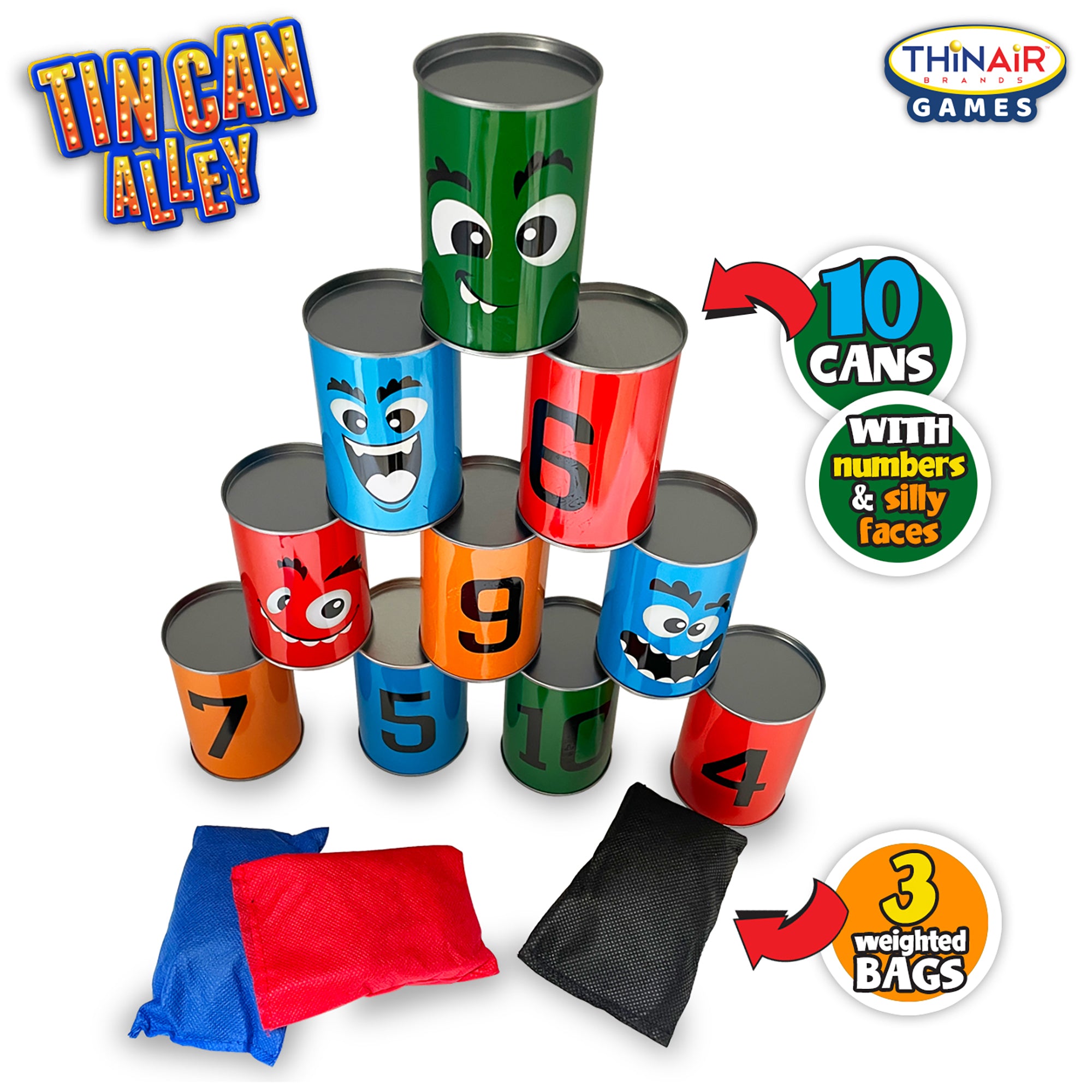 Alternative view of Thin Air Games Tin Can Alley Bean Bag Toss - Carnival Game Set with 10 Emoji Cans and 3 Bags