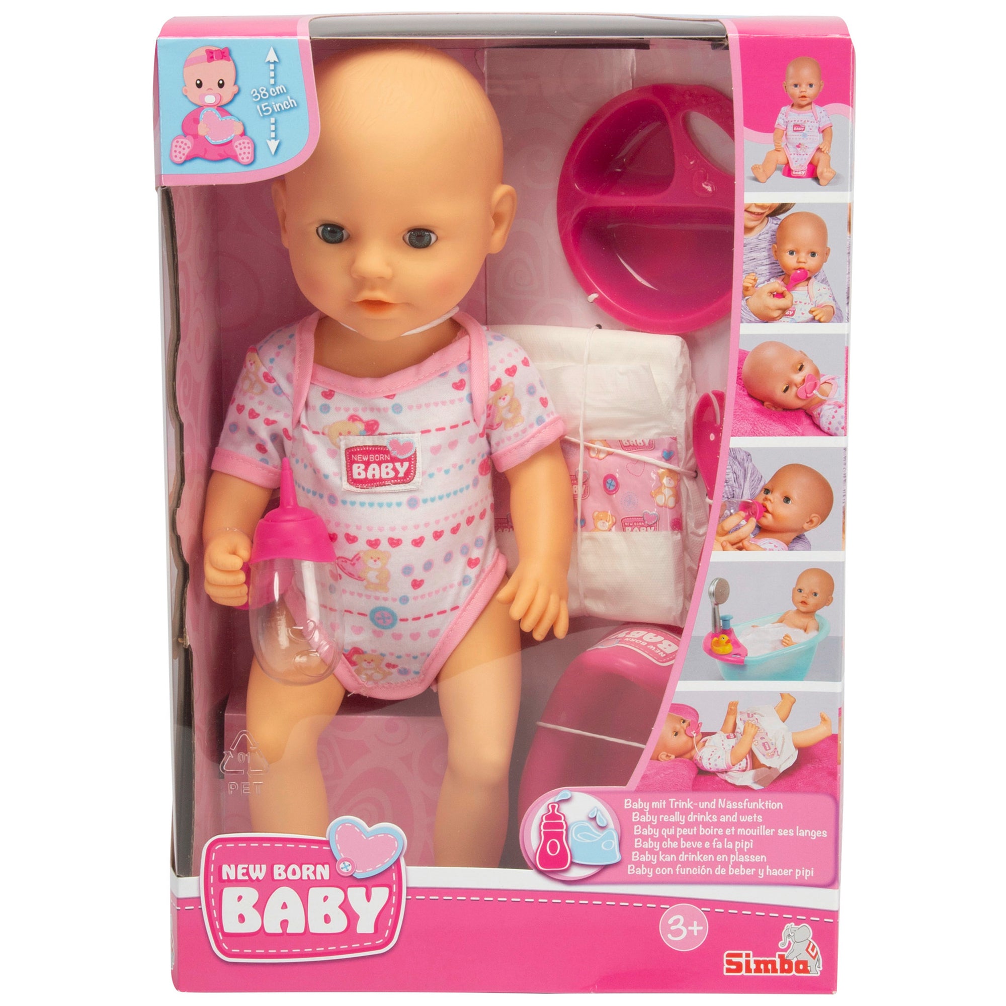 Simba Toys 15" Drink & Wet Baby Doll Set - Pink Heart Onesie