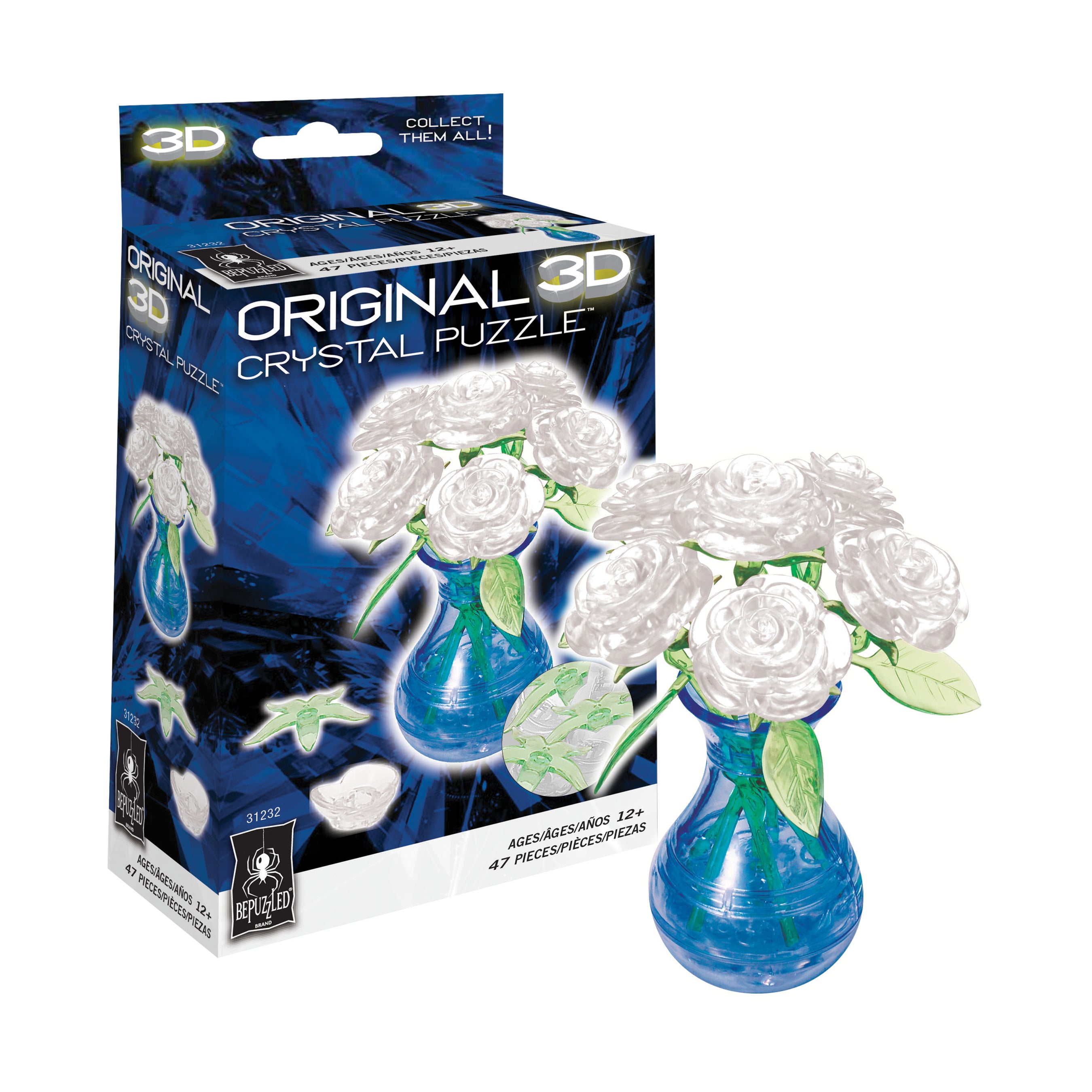 Alternative view of 3D Crystal Puzzle - Eloquent White Roses in a Vase, 47 Pieces