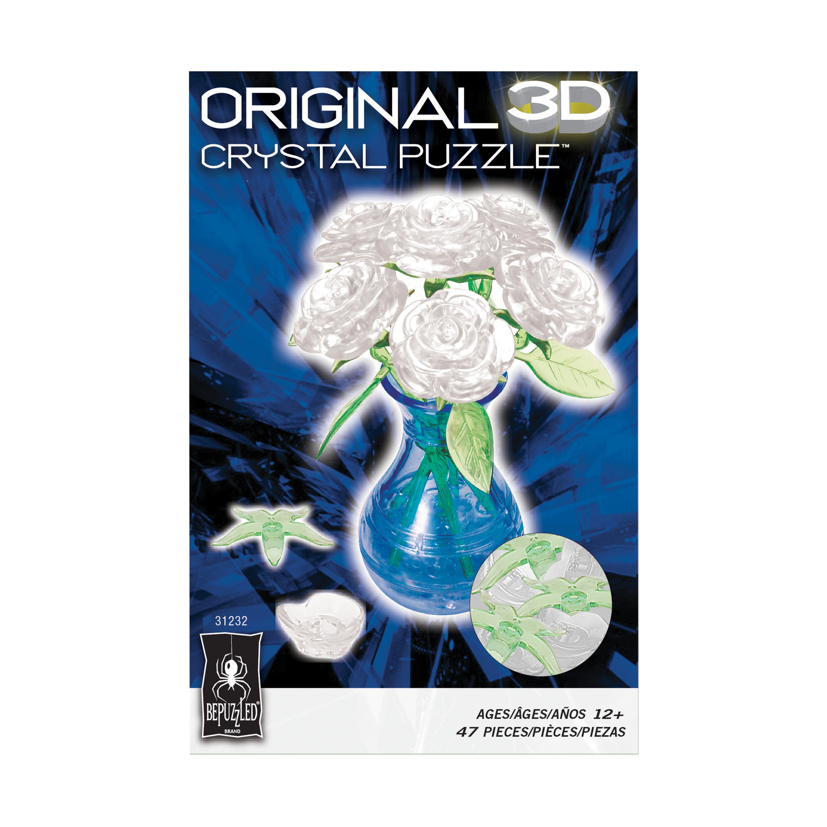 3D Crystal Puzzle - Eloquent White Roses in a Vase, 47 Pieces - Image 3