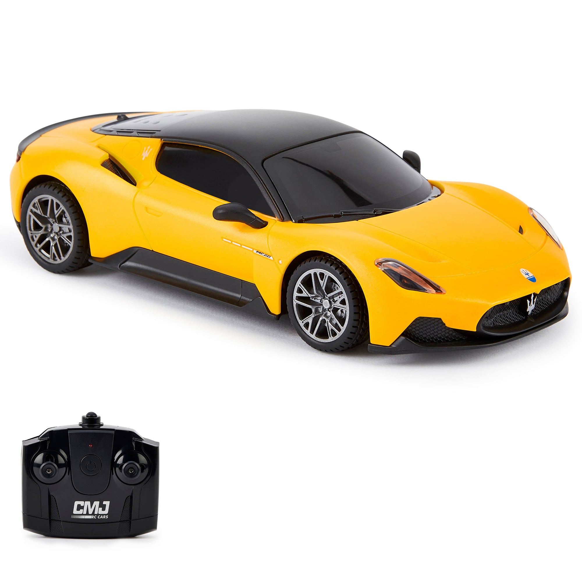 CMJ RC Cars: Maserati MC20 - 1:24 Scale Yellow Radio Control Sports Car with LED Headlights